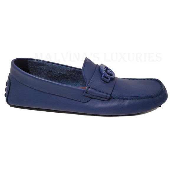 GUCCI SHOES MENS LOAFERS MOCCASINS G LOGO BLUE LEATHER - Picture 5 of 16